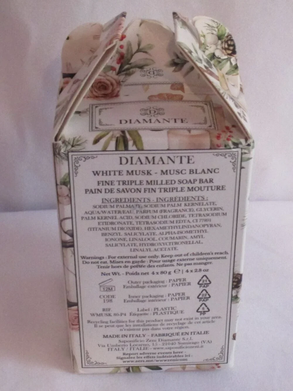 DIAMANTE WHITE MUSK Veg. Based Round Individually Wrapped Soaps 4x2.8 oz. Italy